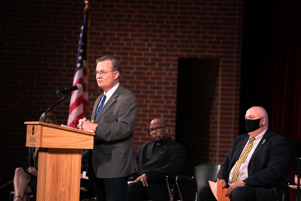 Major General Roger Lempke speaks during Doane Veterans Day event