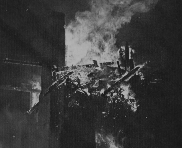 Merrill Hall engulfed in flames during Feb. 28, 1969 fire.